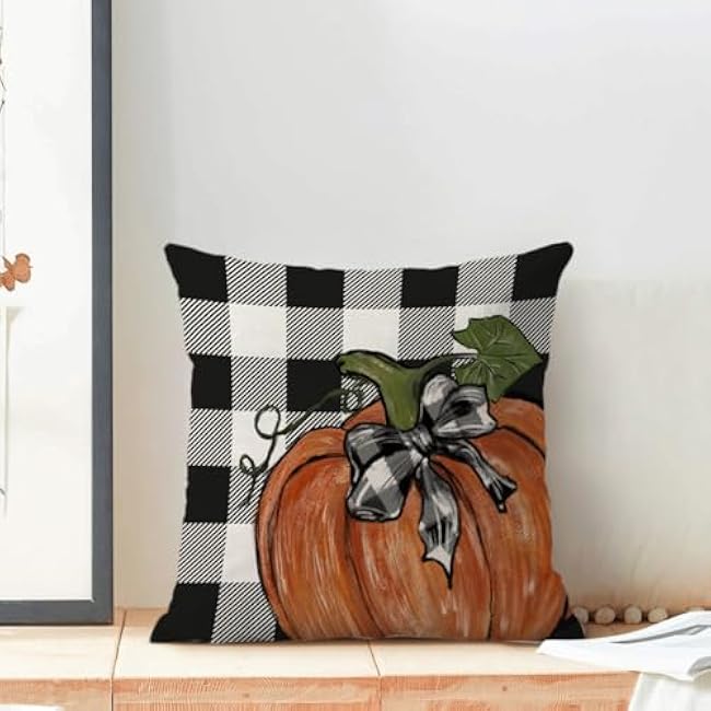 Fall Pillow Covers 18x18 Inch Set of 2 Autumn Buffalo Plaid Pumpkin Throw Pillow Covers Harvest Thanksgiving Pillow Cases Outdoor Decor for Living Room Bedroom Linen Square Cushion