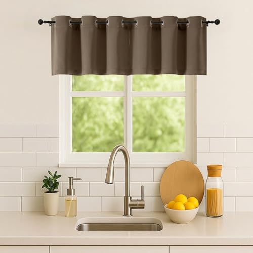 Image of Simplebrand Brown Kitchen Valances for Windows 18 Inches Long 2 Pack, Room Darkening Window Valances for Living Room, Grommet Short Straight Drape Kitchen Curtains for Bedroom Kids Room, 40Wx18L