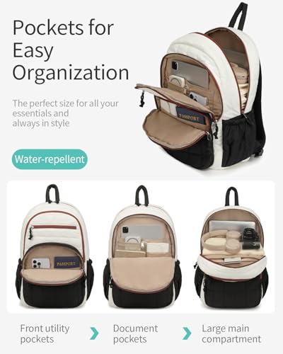 Image of Bookbag for Women, Teen Girls Backpack for High School College Student, Puffer Quilted Back Pack Cute Laptop Backpack for Work Travel Mom Casual Daypack, Beige Black Brown
