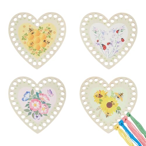 UNICRAFTALE Organizador de hilo de bordar de madera, 4 unidades, forma de corazón, punto de cruz, soporte de hilo con flor, bonito cartón, organizador de hilo, juego de bobinas para accesorios de