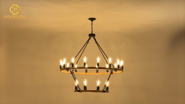 Image of Natural Wooden Wagon Wheel Chandelier 24-Light 43.3 inch Light Fixture