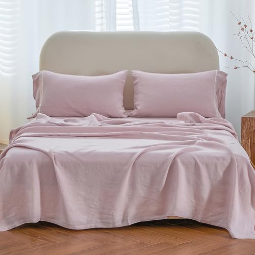 Parure de lit rose en lin délavé 4 pcs pour chambre romantique - 3