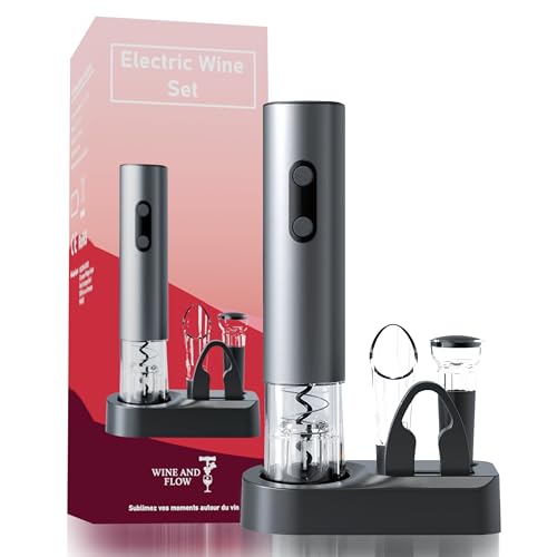 WINE AND FLOW Sacacorchos eléctrico recargable 6 en 1 con cortacápsulas, tapón vacío aire, aireador, base y cable USB | Fácil apertura | Conservación del vino | idea de regalo original vino