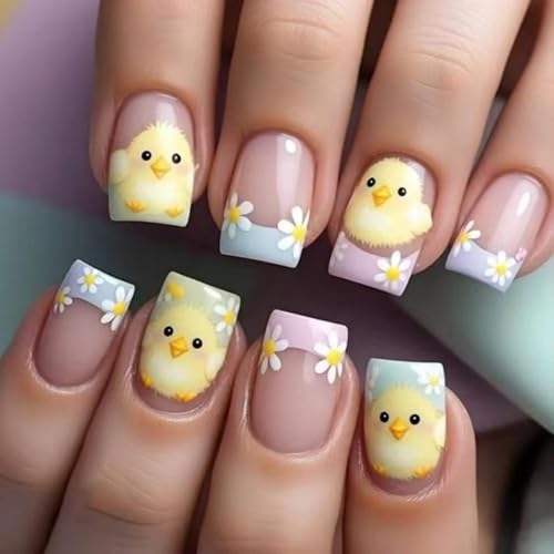 Easter Press on Nails Short Square Fake Nails with Cute Chicken Design Glossy French Tips Glue on Nails Flower Floral Nail Press ons Reusable Spring Acrylic Nail for Women Manicure 24Pcs