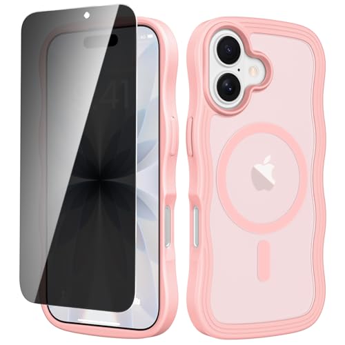 VEGO for iPhone 17 Phone Case [Compatible with MagSafe][with Privacy Screen Protector] Translucent Curly Wave Mate Magnetic Cover Full Body Shockproof Protective for iPhone 17 Case Women Girly-Pink