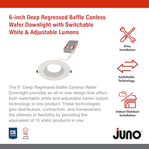 Image of Juno 6 inch Canless Wafer LED Light, 5-in-1 CCT, Deep Regressed Baffle Trim 6Pk