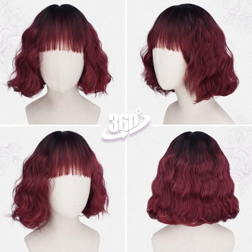 BARSDAR Short Wavy Ombre Red Wig with Bangs - Short Black to Red Ombre Bob Wigs for Women - Curly Wavy Textured French Bob Wig with Bangs Soft Synthetic Natural Looking Face-Framing by BARSDAR - Image 6