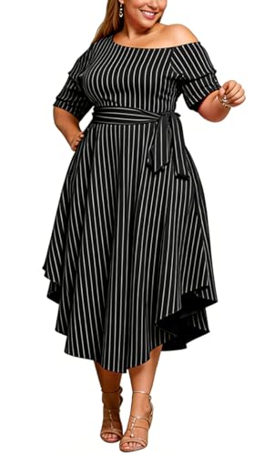 Image of Plus Size Women Wedding Guest Dress Off Shoulder Boat Neck Irregularly Flowy Midi Church Dress