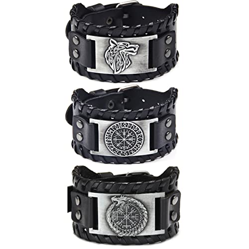 3 pulseras de cuero vikingo negro, pulseras de cabeza de lobo nórdico, pulseras vintage con brújula rúnica, Pulseras de brújula con cabeza de dragón medieval para mujeres y hombres