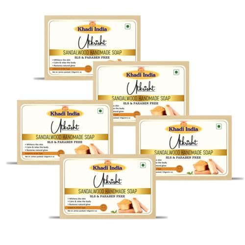 Image of Khadi Sandalwood Herbal Bath Soap | Handmade with Natural Ingredients | Nourishing, Aromatic & Skin Brightening | Paraben-Free | For Men, Women & Sensitive Skin (Pack of 5) -125gm