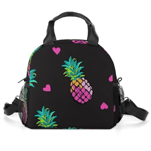 HYDJLXA Pink Hearts And Pineapples All Print Insulated Lunch Bag with Waterproof And Oil Resistant Thick Aluminum Foil for Both Men And Women