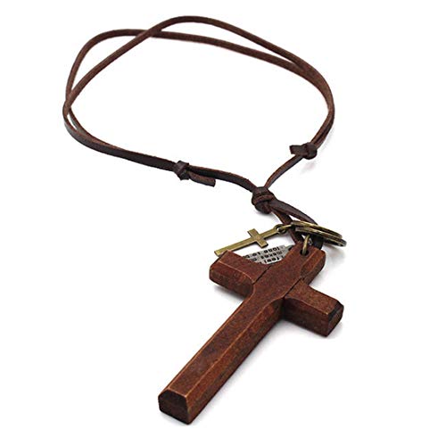 LNKRE JEWELRY Cross Necklace for Men with Leather Chain Vintage Look Wood Necklace