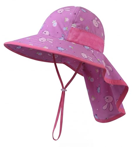 icolor Kids Sun Hat UPF50+ Sun Protection Bucket Hat Toddler Summer Travel Beach Play Hats with Neck Flap for Girl Ages 3~10 (DarkPink-Rabbit)