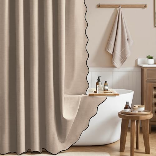 BTTN Tan Scalloped Shower Curtain Boho Linen Textured Heavy Duty Fabric Shower Curtain Set with 12 Plastic Hooks Vintage Modern Waterproof Washable Cloth Shower Curtains for Bathroom 72x72 Taupe