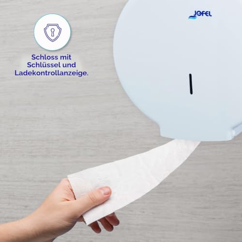 Jofel - Großer industrieller Toilettenpapierrollenhalter, Papierrollenspender für bis zu 400m, max. 260mm Durchmesser, 55mm Spannfutter, ideal für öffentliche Toiletten, Azur AE55300, ABS Weiß