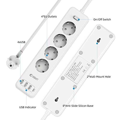 Unidapt Listwa zasilająca USB-C z 4 portami Smart USB (3,4 A / 15 W), listwa zasilająca USB-C do montażu na ścianie (2500 W/10 A) z zabezpieczeniem przed przeciążeniem i ochroną przed dziećmi, listwa