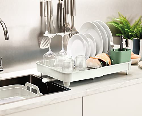 Image of Joseph Joseph Extend Expandable Dish Drainer Rack with Removable Flatware Holder Swivel Draining Spout - Stone /Sage Green