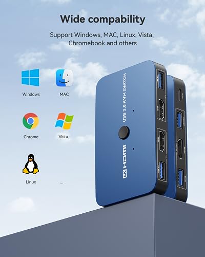 KVM Switch, ABLEWE Aluminum KVM Switch HDMI,USB Switch for 2 Computers Sharing Mouse Keyboard Printer to One HD Monitor, Support 4K@60Hz,2 HDMI Cables and 2 USB Cables Included(Blue)