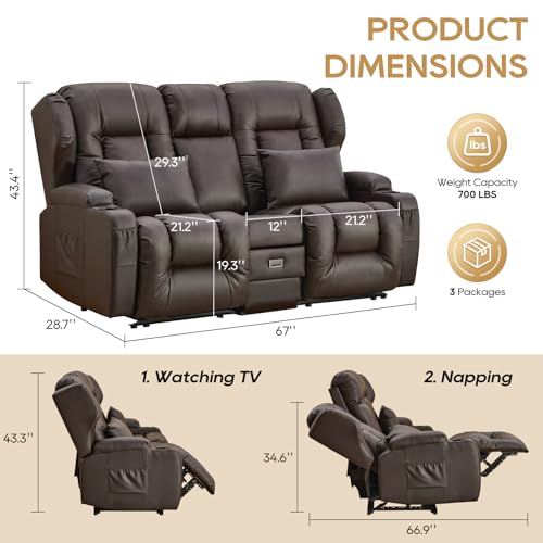 Image of IPKIG 67 inch RV Loveseat Double Recliner Sofa with FILP Back Console, Storage Drawer, Side Pockets, Faux Leather Manual Reclining Chair Home Theater Seating (Brown)