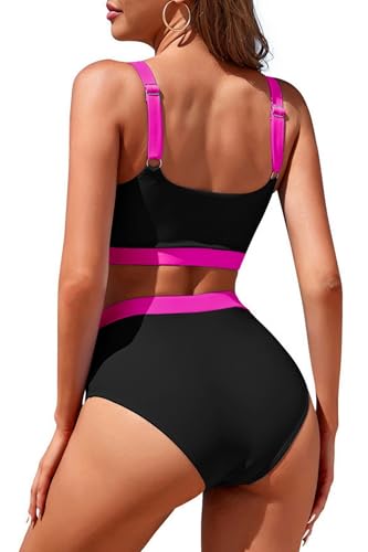 Image of Womens High Waisted Bikini Sets Sporty Crop Top Color Block Swimwear Bandeau Scoop Neck Vintage Two Piece Bathing Suits
