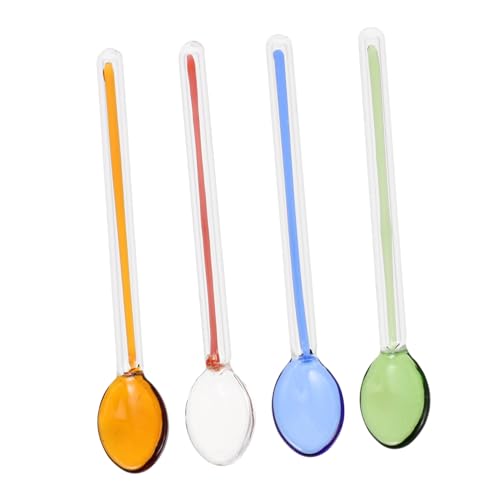 Amosfun 4 cucharas agitadoras de leche de vidrio resistentes al calor con asas, cucharas mezcladoras para café, postres, barras y uso doméstico, fáciles de limpiar y aptas para lavavajillas