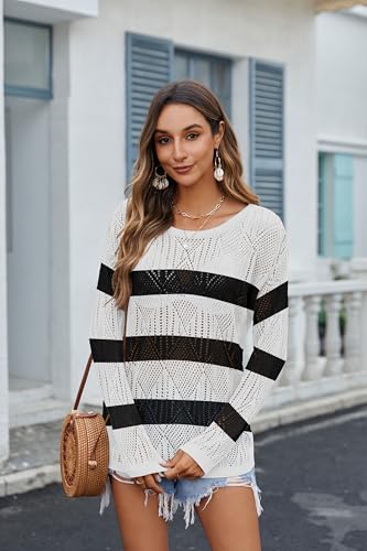 Image of Zeagoo Crochet Tops for Women Off The Shoulder Sweaters Summer Long Sleeve Hollow Out Knit Beach Clothes S-XXL