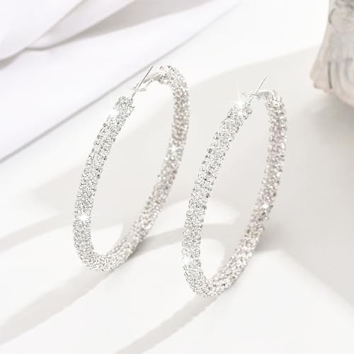 Multcolors Cubic Zirconia Hoop Earrings For Women Statement Oval Rhinestone Hoop Earrings 14K Gold Plated Chunky Hoop Earrings Dainty Lightweight Big Earrings Trendy Jewelry (55MM/45MM)2