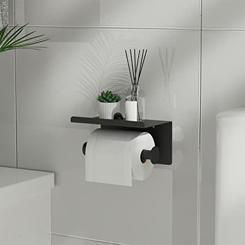 Self Adhesive Toilet Paper Holder With Phone Shelf, Wall Mounted Toilet Paper Roll Holder, Rustproof Bathroom Washroom Tissue Roll Holder With Shelf, Toilet Paper Roll Dispenser- Matte Black #TOP6