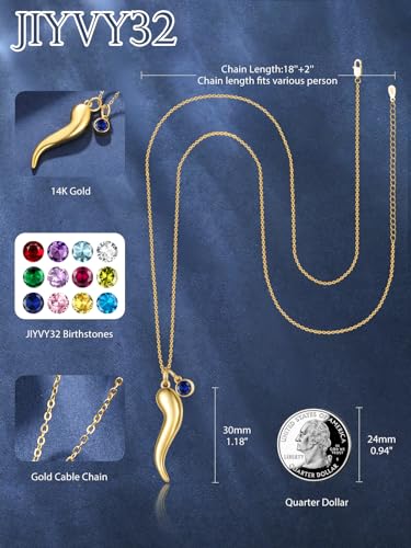 Italian Horn Necklace for Women, 14K Gold Cornicello Jewelry with Birthstone Pendant, Good Luck Talisman Protection Gifts for Her3