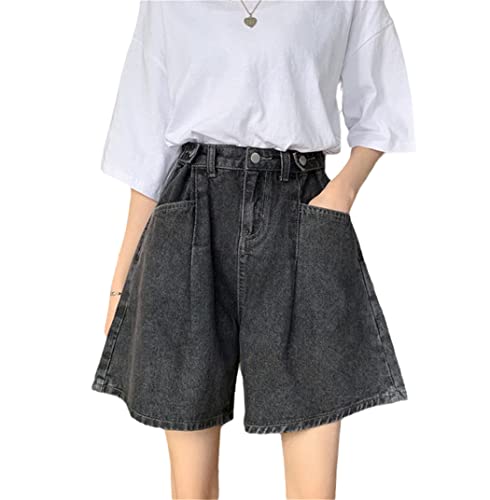 Short en jean à taille haute et jambe large vintage pour femme gris XL