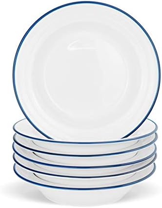 Nicola Spring 6 Piece Country Farmhouse White Soup Dish Set with Blue Rims - 22cm