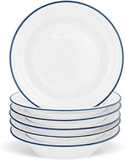 Nicola Spring 6 Piece Country Farmhouse White Soup Dish Set with Blue Rims - 22cm