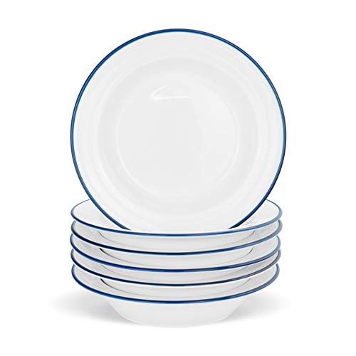 Nicola Spring Plato Hondo con Borde - Estilo rústico - Blanco/Azul - 22 cm - Pack de 6