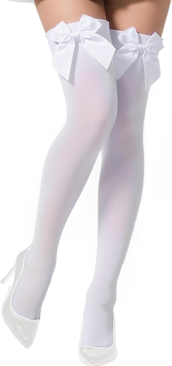 Women’s Thigh Highs with Satin Bow Accent – Sexy Over the Knee Stockings for Halloween, Parties & Cosplay Outfits, White, One size