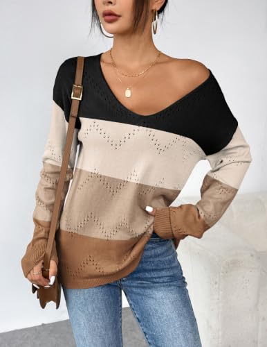 Image of Zeagoo Womens Sweaters Fall Trendy Casual Long Sleeve Shirt Lightweight V Neck Off Shoulder Crochet Pullover Top Outfit