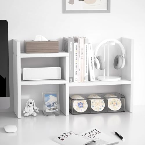Image of Jerry & Maggie - Desktop Organizer Office Storage Rack Adjustable Wood Display Shelf | Birthday Gifts - Toy - Home Decor | - Free Style Rotation Display - True Natural Stand Shelf (White)