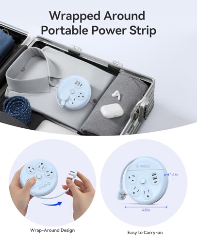 Image of ORICO Power Strip with USB Ports, 4Ft Wrapped Extension Cord with Multiple Outlets, 3 Outlets & 3 USB Ports (1 USB C), Flat Plug Power Strip for Cruise /Home /Office /Dorm Essentials, Blue