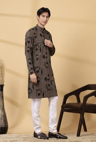 Image of Majestic Man Men's Cotton Regular Fit Casual Mandarin Collar Ethnic Motifs Printed Long Regular Kurta
