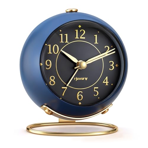 rjuwurv Metal Desk Alarm Clock, Retro Bedroom Table Vintage Analog Silent Non-Ticking Gold Alarm Clock, Bedside Decor(Navy Blue)