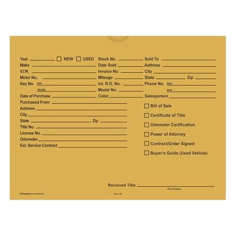 Printed Vehicle Deal Envelopes 9x12 Deal Jackets (100 shrink wrapped) (Buff) Cover