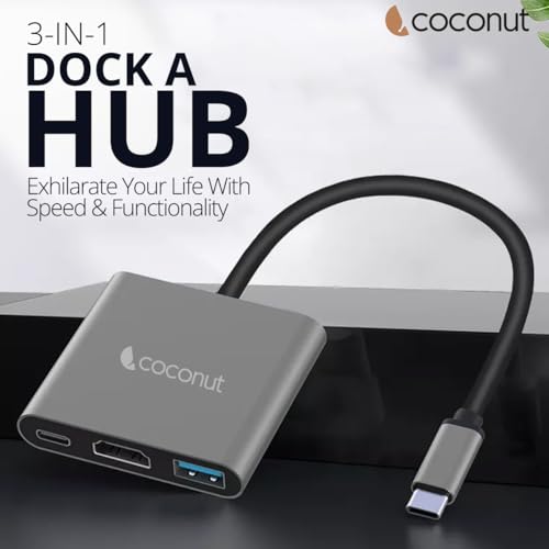 Image of coconut USB C 3 in 1 Dock A Hub | Type C to HDMI 4k Adapter / USB3.0 / USB C Female for Laptop, Desktop, Large Screen of Any HDMI Monitor, TV, Projector, Plug & Play, Portable