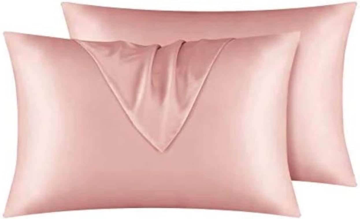 LUXURY HOME Satin-Silk Pillowcase for Hair and Skin. Smooth, Soft and Breathable Silk with FREE Silk Scrunchie [Set of 2] (Champaine Pink)