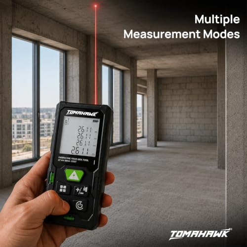 Image of TOMAHAWK TTM 0050 Laser Distance Meter Measurer 131Ft /50M with Area, Volume and Pythagoras Measurement - Water and Dust Resistant Laser Measuring Device with Backlit LCD, Battery Included