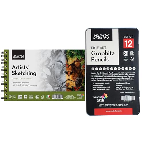 Image of Brustro Drawing & Sketching Wiro Pad,5x7 inches,160 GSM,30 Sheets with Graphite Pencil Set of 12 (10B-2H) Tin Box. Sketch and Gift