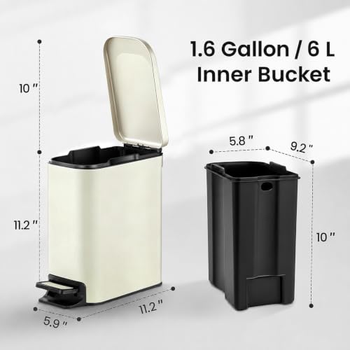 Image of TIPGO Small Bathroom Trash Can with Lid, 1.6 Gal, Soft Close, Cream | Foot Pedal, Soft Quiet Lid, 5.9'' Slim for Narrow Space, Stainless Steel, Anti-fingerprint, Removable Inner Bucket, Odor Seal