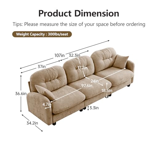 Image of KEIKI 107 inch Oversized Chenille Modular Sectional Sofa with High-Density Foam Cushion and Tufted Pleated Cushion Backrest, Upholstered Modern 3-Seater Cloud Couch with 2 Pillow, for Living Room, Camel