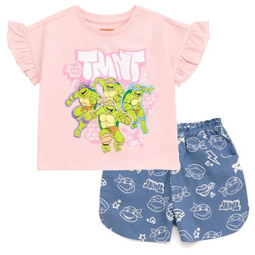 Teenage Mutant Ninja Turtles Toddler Girls T-Shirt and Chambray Shorts Outfit Set Pink/Blue 5T