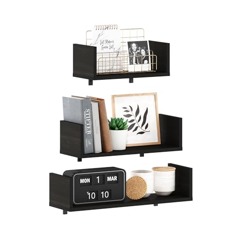 Image of Furinno Rossi Bedroom Decor Wall Mounted Floating Display Shelves with Invisible Brackets, Set of 3, Espresso | 11.7 inch, 15.7 inch, 18.9 inch Width, U-Shape Rectangular Wall Shelf Set, Wall Mounted Shelves, for Bathroom, Home Office, Living Room
