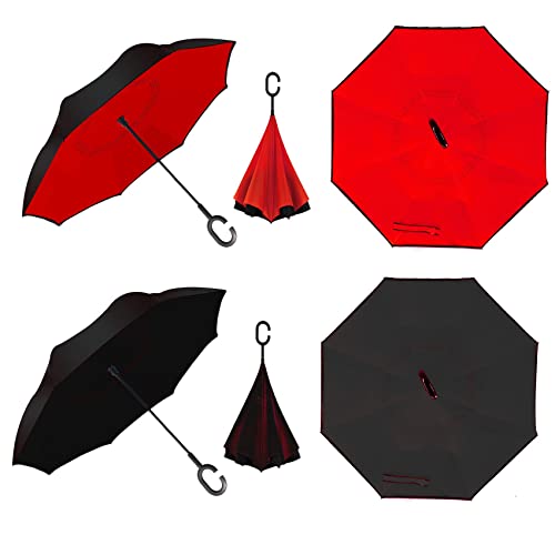Image of MRTLLOA 40 /49 /56 Inch Oversize Windproof Inverted Reverse Upside Down Umbrella, Golf Size Rain Umbrella, Double Layer, C-Shaped Handle for Men, Women and Kids (Black&Red-2 Pack, 49 Inch)