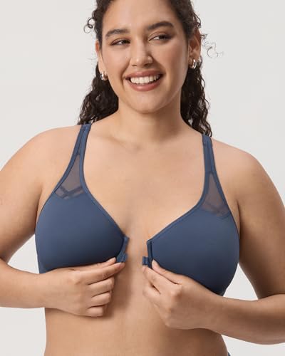 Image of DELIMIRA Women's Front Closure Racerback Bras Plus Size Full Coverage Supportive Underwire Plunge Unlined Bra
